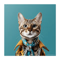 Cat wearing a jacket and scarf on a teal background