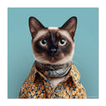 Cat wearing a patterned scarf on a blue background