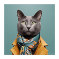 Cat wearing a patterned scarf and yellow coat on a teal background