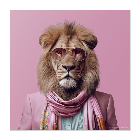 Lion wearing sunglasses and a pink scarf against a pink background