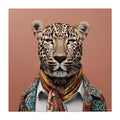 Leopard wearing a colorful scarf and patterned shirt against a brown background