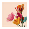 Colorful tulip flowers on a light pink background