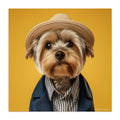 Dog wearing a straw hat, blue coat, and striped shirt on a yellow background