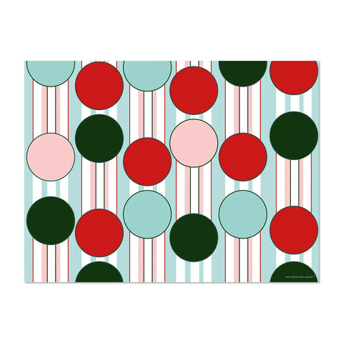 rectangular vinyl placemats featuring a variety of whimsical designs of colorful bubbles floating through the air, in a soothing red pastel color palette, 4 different designs for a colorful table, made in Europe, easy to clean