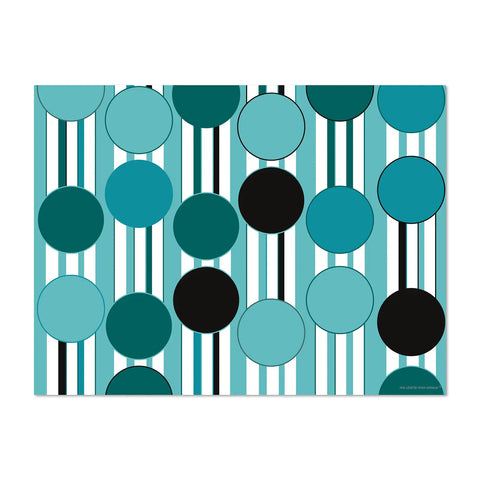 rectangular vinyl placemats featuring a variety of whimsical designs of colorful bubbles floating through the air, in a soothing green pastel color palette, 4 different designs for a colorful table, made in Europe, easy to clean