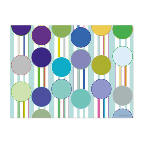 rectangular vinyl placemats featuring a variety of whimsical designs of colorful bubbles floating through the air, in a soothing violet pastel color palette, 4 different designs for a colorful table, made in Europe, easy to clean