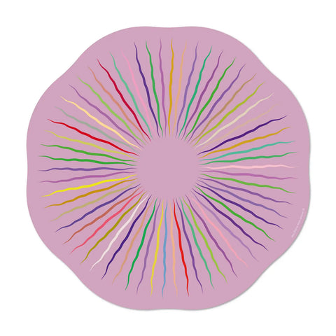 round wavy pink vinyl placemats featuring vibrant sun motifs with colorful, undulating rays, adding a touch of design and sophistication to any table setting, 6 different designs for a colorful table, made in Europe, easy to clean