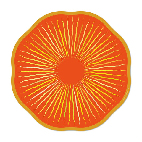 round wavy orange vinyl placemats featuring vibrant sun motifs with colorful, undulating rays, adding a touch of design and sophistication to any table setting, 6 different designs for a colorful table, made in Europe, easy to clean