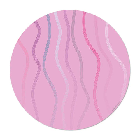 round pink vinyl placemats featuring a colorful serene and poetic design, floating wave motifs, pastel color palette, evoking the glamorous and relaxed atmosphere of Ibiza, 6 different designs for a colorful table, made in Europe, easy to clean