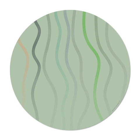 round green vinyl placemats featuring a colorful serene and poetic design, floating wave motifs, pastel color palette, evoking the glamorous and relaxed atmosphere of Ibiza, 6 different designs for a colorful table, made in Europe, easy to clean