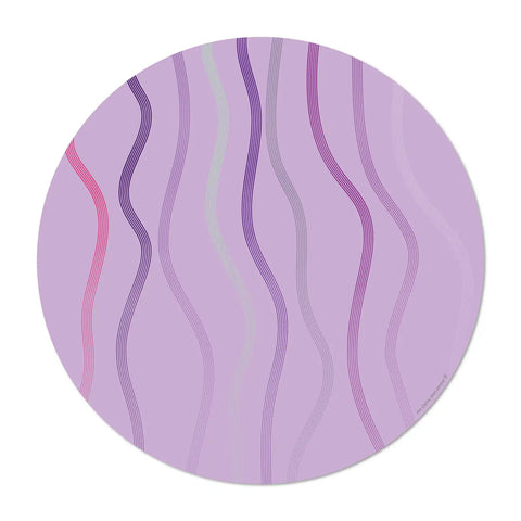 round purple vinyl placemats featuring a colorful serene and poetic design, floating wave motifs, pastel color palette, evoking the glamorous and relaxed atmosphere of Ibiza, 6 different designs for a colorful table, made in Europe, easy to clean