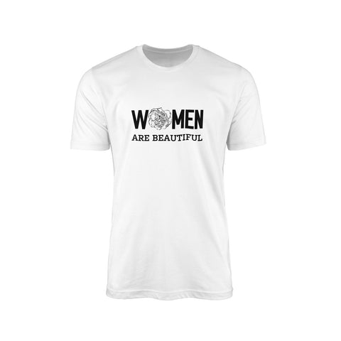 Unisex white t-shirt from the International Women's Rights Day collection with the message Women are beautiful in black font and black & white flower pattern. Fitted 100% cotton T-shirt with a strong feminist message to contribute to the fight for gender equality. Expressing your convictions is already a first step in this fight and in a stylish way.