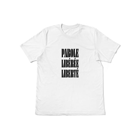 Unisex white t-shirt from the International Women's Rights Day collection with the message Parole Libérée Liberté in black font. Fitted 100% cotton T-shirt with a strong feminist message to contribute to the fight for gender equality. Expressing your convictions is already a first step in this fight and in a stylish way.