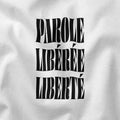 Unisex white t-shirt from the International Women's Rights Day collection with the message Parole Libérée Liberté in black font. Fitted 100% cotton T-shirt with a strong feminist message to contribute to the fight for gender equality. Expressing your convictions is already a first step in this fight and in a stylish way.