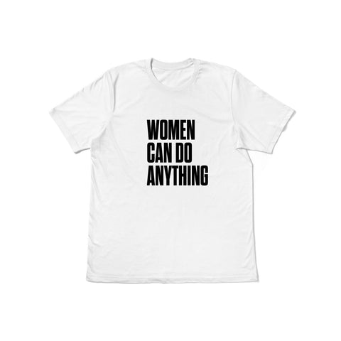 Unisex white t-shirt from the International Women's Rights Day collection with the message Women can do anything in black font. Fitted 100% cotton T-shirt with a strong feminist message to contribute to the fight for gender equality. Expressing your convictions is already a first step in this fight and in a stylish way.