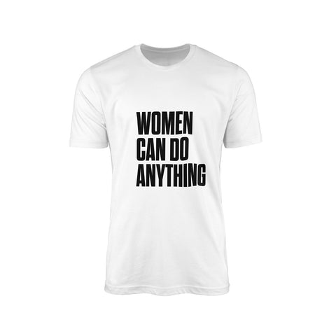 Unisex white t-shirt from the International Women's Rights Day collection with the message Women can do anything in black font. Fitted 100% cotton T-shirt with a strong feminist message to contribute to the fight for gender equality. Expressing your convictions is already a first step in this fight and in a stylish way.