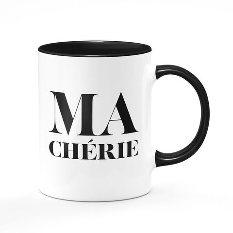 Funny two-tone mug in black with the french slogan Ma Chérie that accompanies you in the morning to bring you in a good mood with your favorite hot drink. It's up to you to choose, Ma Chérie or Mon Amour with its favorite color. Ideal personalized gift for your lover.