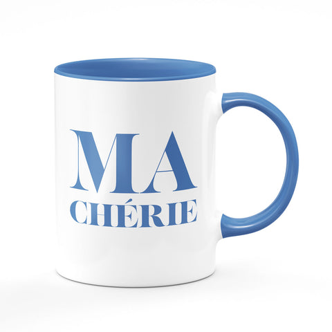 Bi-color mug: white and dark blue, ma chérie in dark blue written, ceramic mug. This special mug not only enriches your favorite beverage's flavor, but it also creates a unique mood and is an impeccable gift for your beloved.