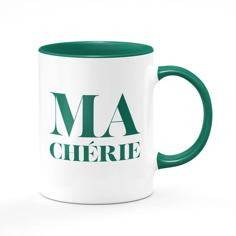 Bi-color mug: white and green, ma chérie in green written, ceramic mug. This special mug not only enriches your favorite beverage's flavor, but it also creates a unique mood and is an impeccable gift for your beloved.