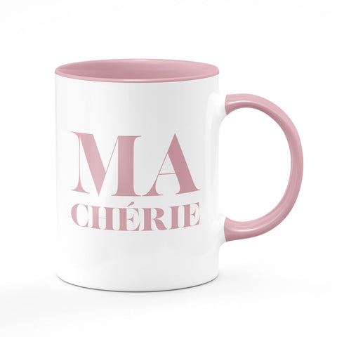 Bi-color mug: white and pink, ma chérie in pink written, ceramic mug. This special mug not only enriches your favorite beverage's flavor, but it also creates a unique mood and is an impeccable gift for your beloved.