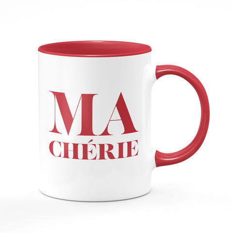 Bi-color mug: white and red, ma chérie in red written, ceramic mug. This special mug not only enriches your favorite beverage's flavor, but it also creates a unique mood and is an impeccable gift for your beloved.