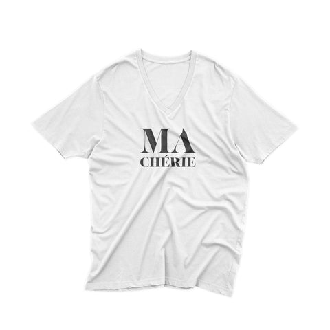 White V Neck men T-shirt with a cool french message Ma Chérie in black. 100% cotton, this sexy T-shirt is a great gift for your lover to show your pecs and express yourself. Available in several colors and with other french slogan.
