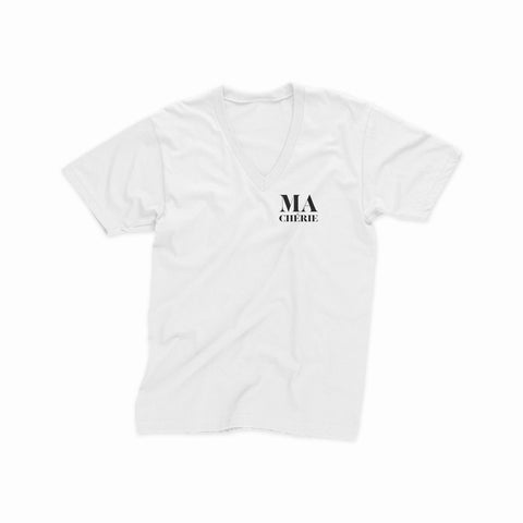 White V-neck women t-shirt with the french slogan Ma Chérie in black.100% cotton, shaped for your curves and available in several colors, express yourself with your favorite message. A timeless piece for your wardrobe and ideal gift for your beloved ones.