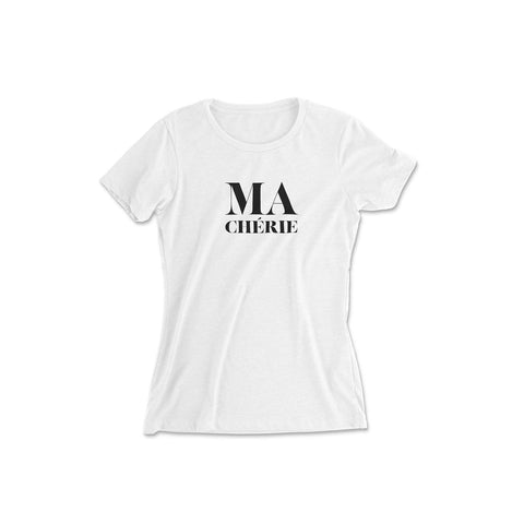 Stylish white women T-shirt with french slogan in black: Ma Chérie. 100% cotton, fitted and available in other colors and with other French quotes. Ideal for a gift or for yourself, this piece will be a classic piece in your wardrobe.