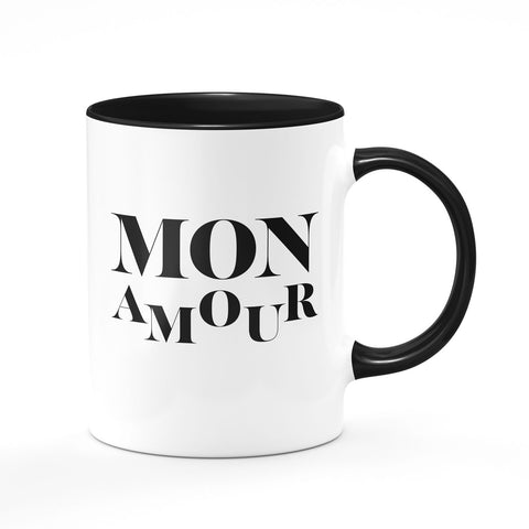 Bi-color mug: white and black, mon amour in black written, ceramic mug. This special mug not only enriches your favorite beverage's flavor, but it also creates a unique mood and is an impeccable gift for your beloved.