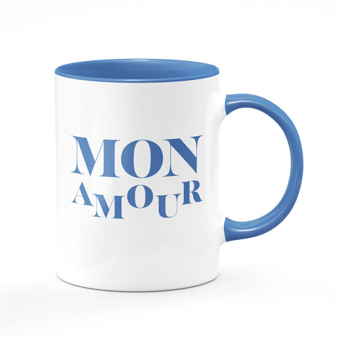 Bi-color mug: white and dark blue, mon amour in dark blue written, ceramic mug. This special mug not only enriches your favorite beverage's flavor, but it also creates a unique mood and is an impeccable gift for your beloved.