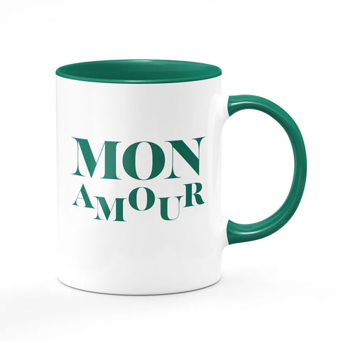 Bi-color mug: white and green, mon amour in green written, ceramic mug. This special mug not only enriches your favorite beverage's flavor, but it also creates a unique mood and is an impeccable gift for your beloved.