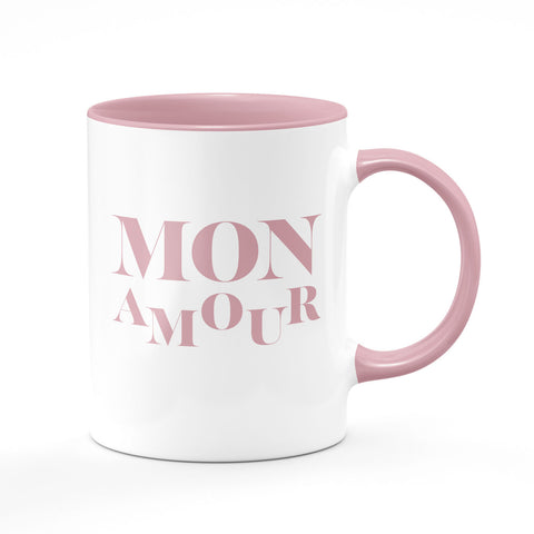 Bi-color mug: white and pink, mon amour in pink written, ceramic mug. This special mug not only enriches your favorite beverage's flavor, but it also creates a unique mood and is an impeccable gift for your beloved.
