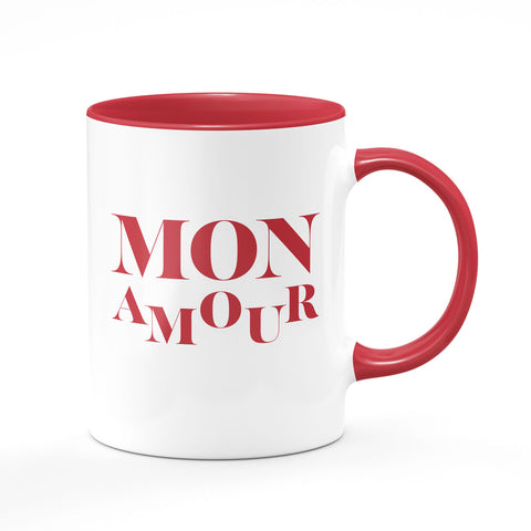 Bi-color mug: white and red, mon amour in red written, ceramic mug. This special mug not only enriches your favorite beverage's flavor, but it also creates a unique mood and is an impeccable gift for your beloved.