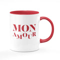 Bi-color mug: white and red, mon amour in red written, ceramic mug. This special mug not only enriches your favorite beverage's flavor, but it also creates a unique mood and is an impeccable gift for your beloved.
