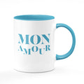 Bi-color mug: white and blue, mon amour in blue written, ceramic mug. This special mug not only enriches your favorite beverage's flavor, but it also creates a unique mood and is an impeccable gift for your beloved.