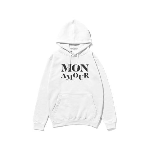 Classic white unisex hoodie with the french quotes Mon Amour in black. Ideal for a lover's gift and to stay warm this winter with the front pocket to keep your hands warm, this hoodie with a fleece lining inside will be a timeless piece in your wardrobe. Available in several colors and with different french slogan, express your mood!