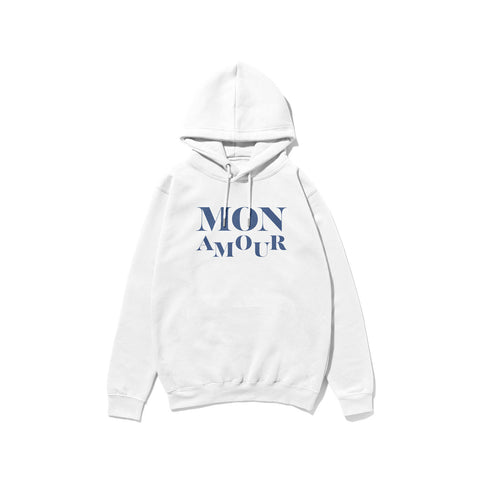Classic white unisex hoodie with the french quotes Mon Amour in blue. Fashion piece in organic material, easy to combine either casual with a jogging suit or more chic with a jean and blazer for a urban look. Available in several colors and with different french slogan, express your mood!