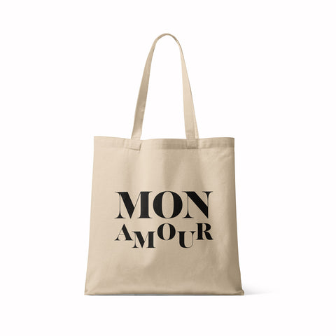 Natural tote bag with the French slogan Mon Amour in black. Trend piece, this bag is eco friendly, small and easy to carry everywhere for your small stuff. Perfect daily bag and perfect gift for your lovers. Available in several colors and with different french funny messages.