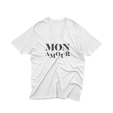 White V Neck men T-shirt with a cool french message Mon Amour in black. 100% cotton, this sexy T-shirt is a great gift for your lover to show your pecs and express yourself. Available in several colors and with other french slogan.