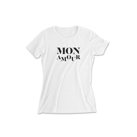 Stylish white women T-shirt with french slogan in black: Mon Amour. 100% cotton, fitted and available in other colors and with other French quotes. Ideal for a gift or for yourself, this piece will be a classic piece in your wardrobe.
