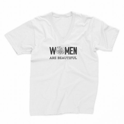 Women V Neck T shirt in white from the International Women's Rights Day collection with the message Women are beautiful in black font and black & white flower pattern. Fitted 100% cotton T-shirt with a strong feminist message to contribute to the fight for gender equality. Expressing your convictions is already a first step in this fight and in a stylish way.