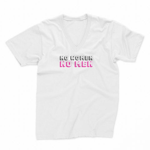 Women V Neck T shirt in white from the International Women's Rights Day collection with the message NO Women NO Men in black and magenta font. Fitted 100% cotton T-shirt with a strong feminist message to contribute to the fight for gender equality. Expressing your convictions is already a first step in this fight and in a stylish way.